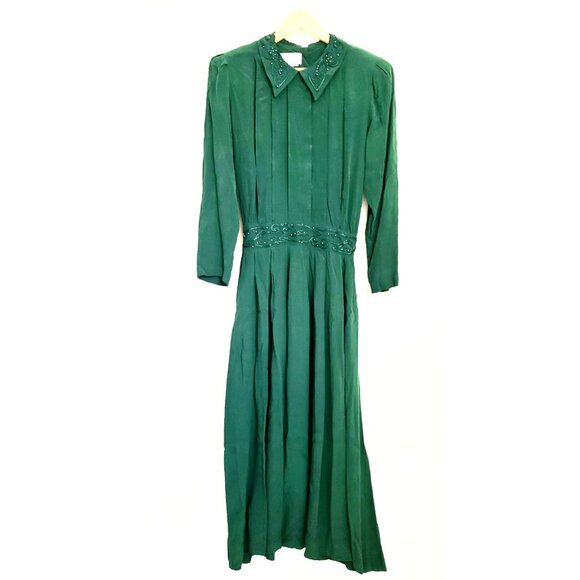 Karin Stevens Gown | 1980s Drop Waist Dress | Forrest Green Pleated Modest Frock - Picture 3 of 7